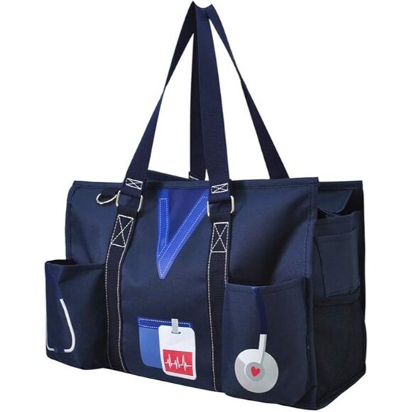 NGIL Navy Blue Medical Theme Utility Tote Bag With Pockets 15.5" L x 10.5" H x 6 - Picture 1 of 4